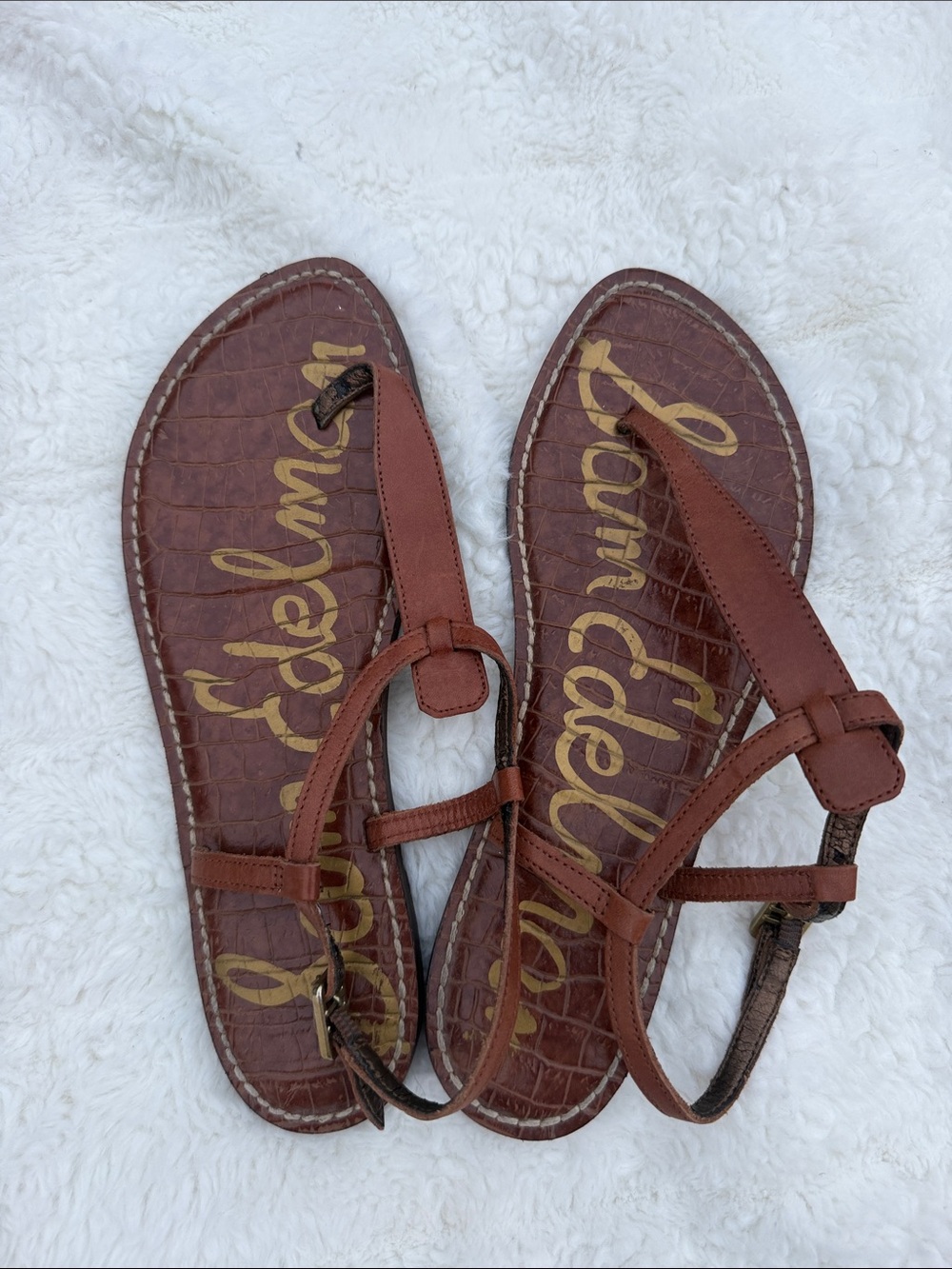 Sam Edelman Brown Croc-Embossed T-Strap Sandals
